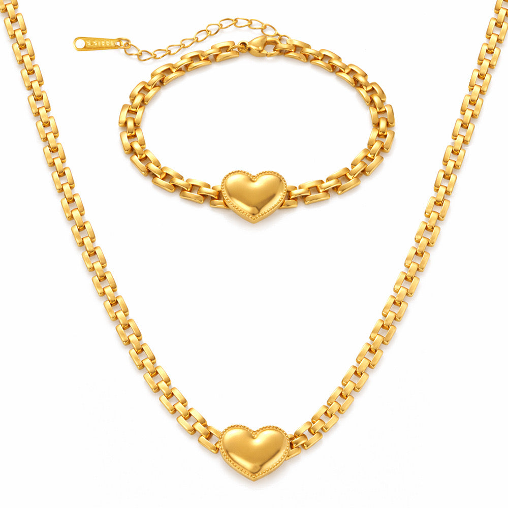 Heart Charm Jewelry Set – Gold Necklace & Bracelet